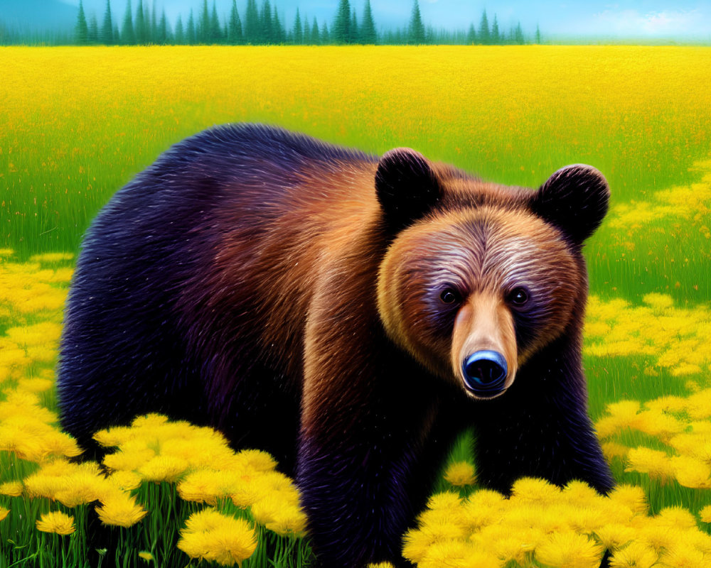 Brown Bear in Vibrant Yellow Flower Field and Green Background