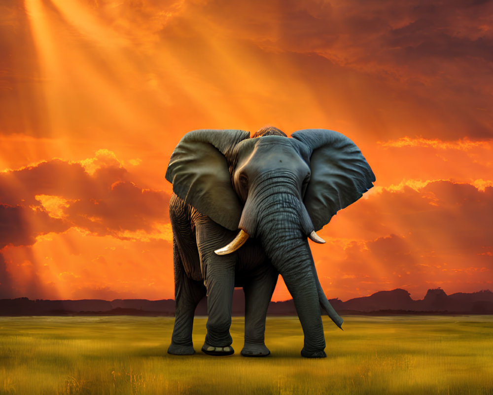 Elephant in grassy field at sunset with dramatic sky