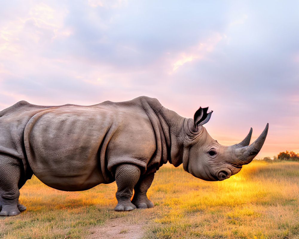 Rhinoceros in Grass at Sunset with Colorful Sky