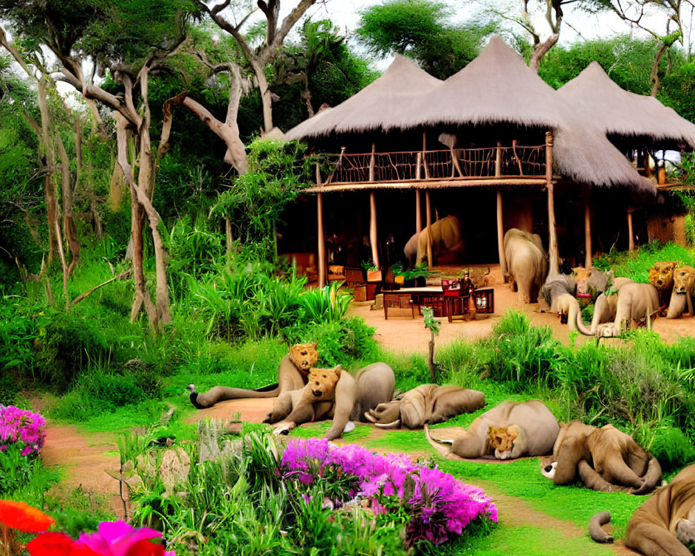 Luxurious Safari Lodge Surrounded by Lions and Lush Greenery