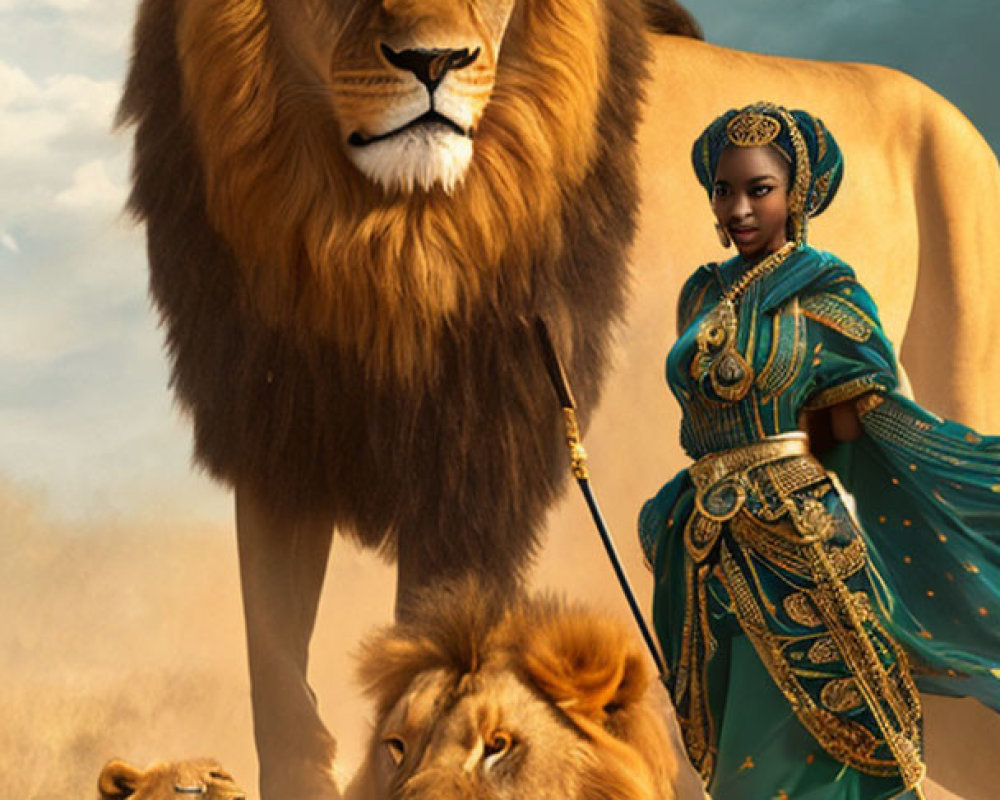 Woman in Blue and Gold Attire with Lions on Leash under Dramatic Sky