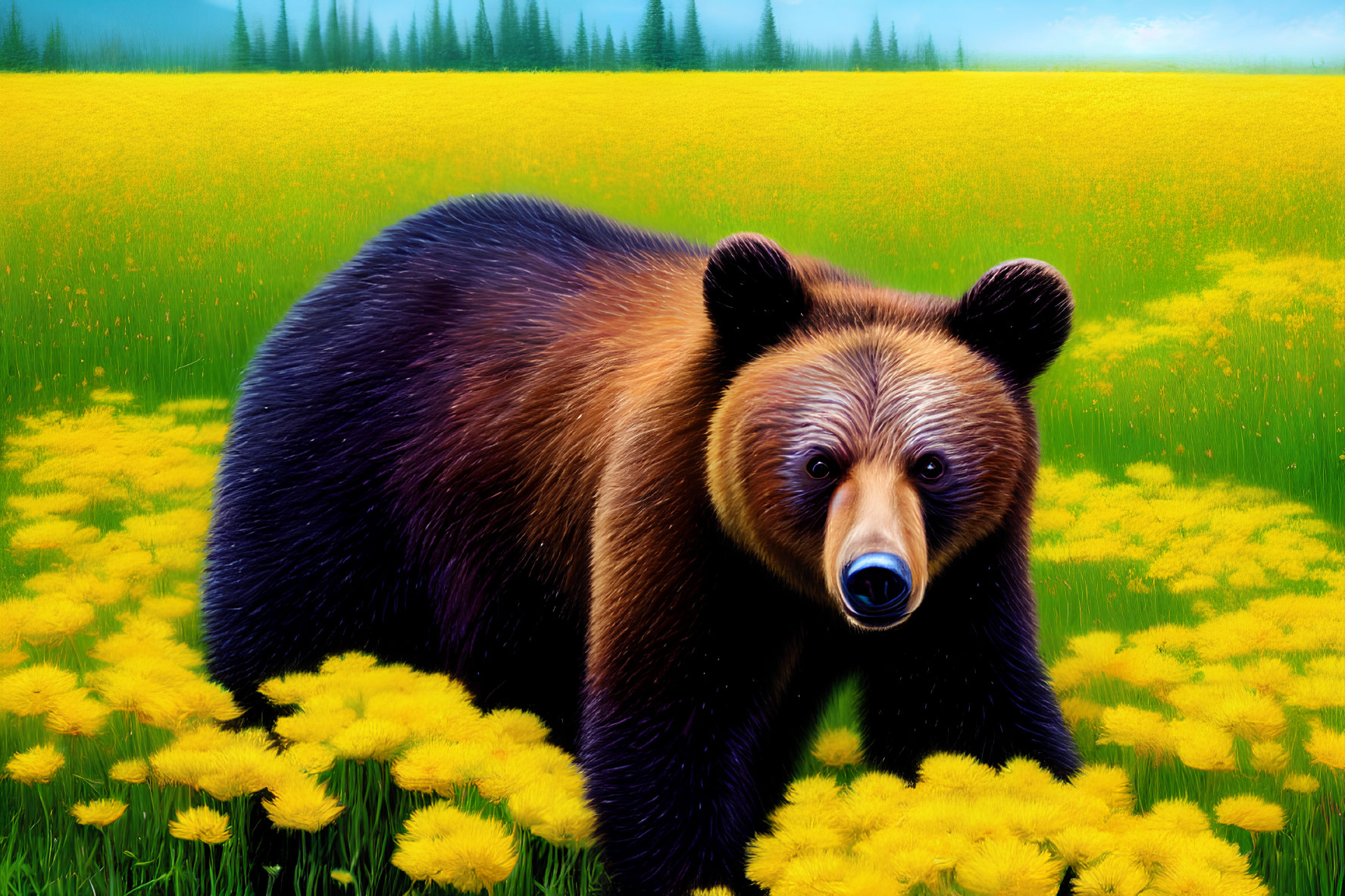 Brown Bear in Vibrant Yellow Flower Field and Green Background