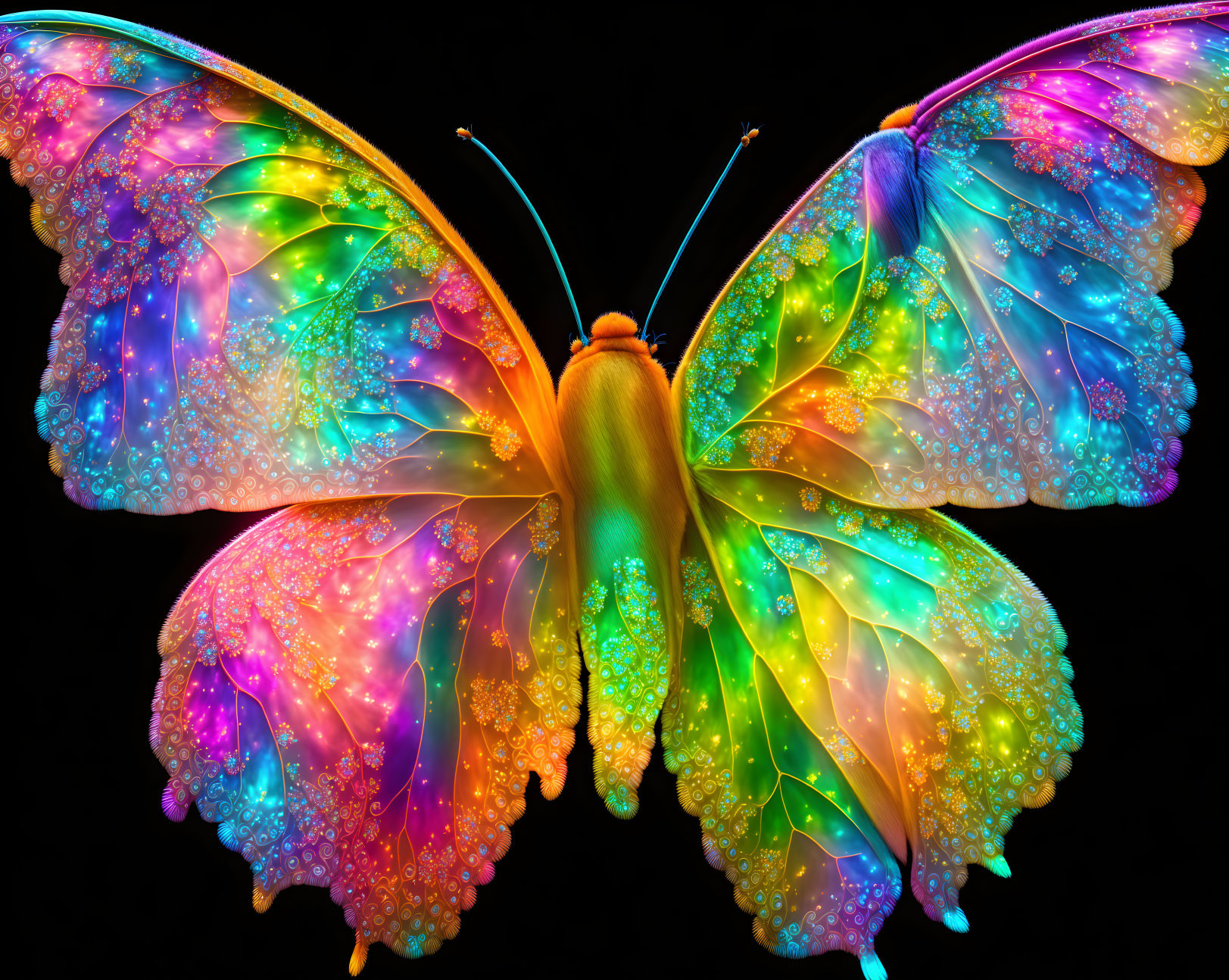 Colorful Digital Art Butterfly with Neon Hues on Black Background