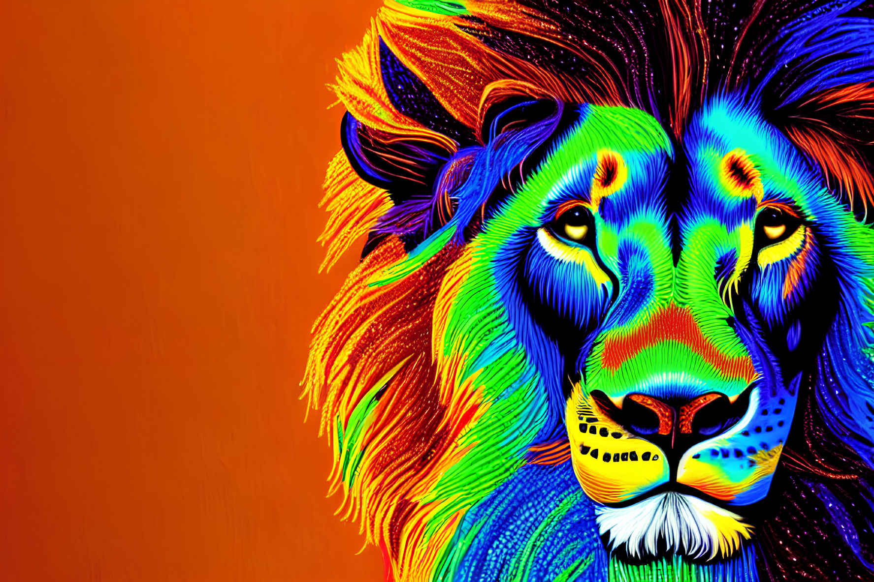 Colorful digital artwork: Lion with rainbow mane on orange backdrop