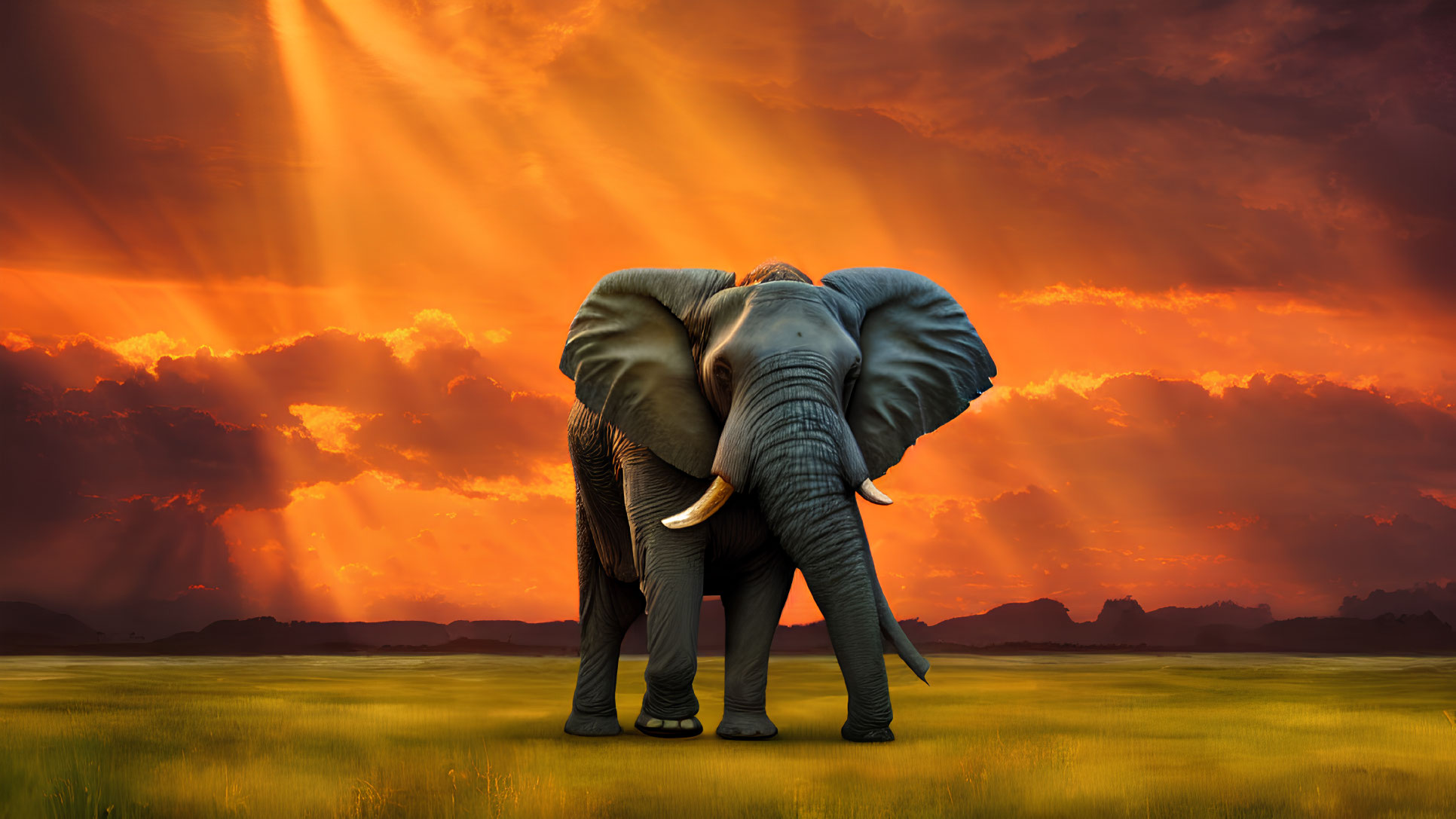 Elephant in grassy field at sunset with dramatic sky