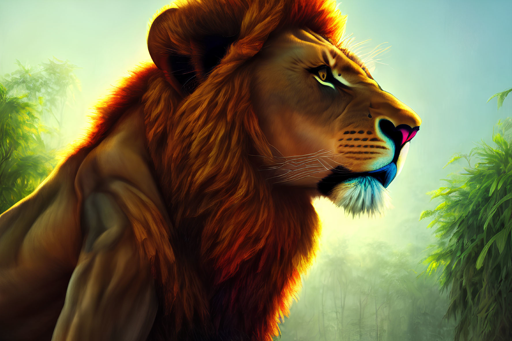 Colorful stylized illustration of majestic lion in foggy jungle