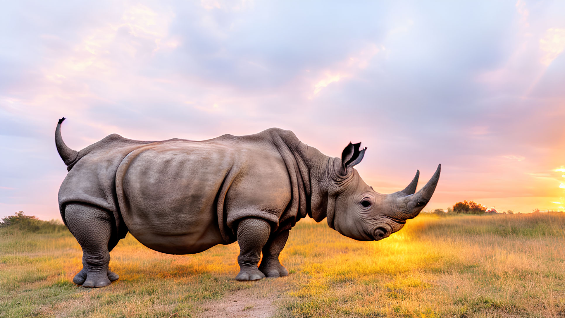 Rhinoceros in Grass at Sunset with Colorful Sky