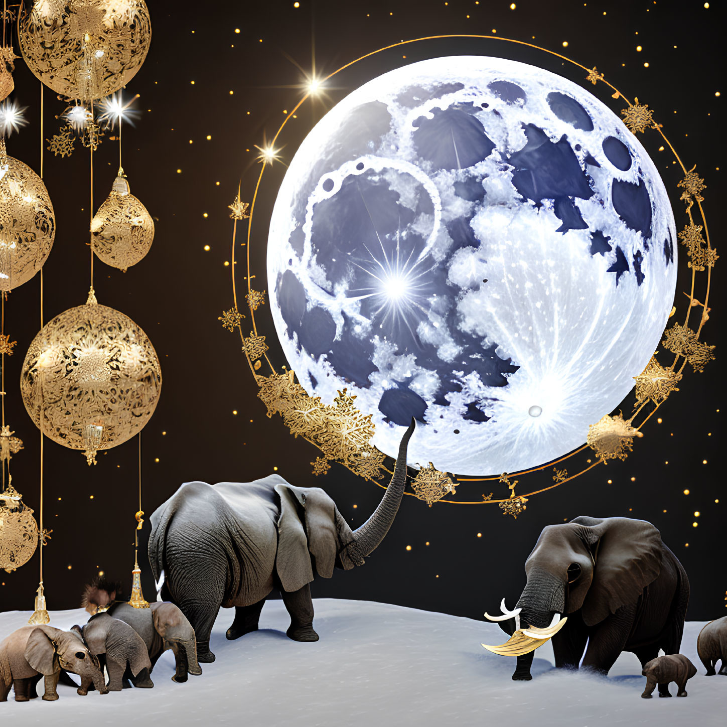 Elephant and baby under glowing moon with Christmas ornaments