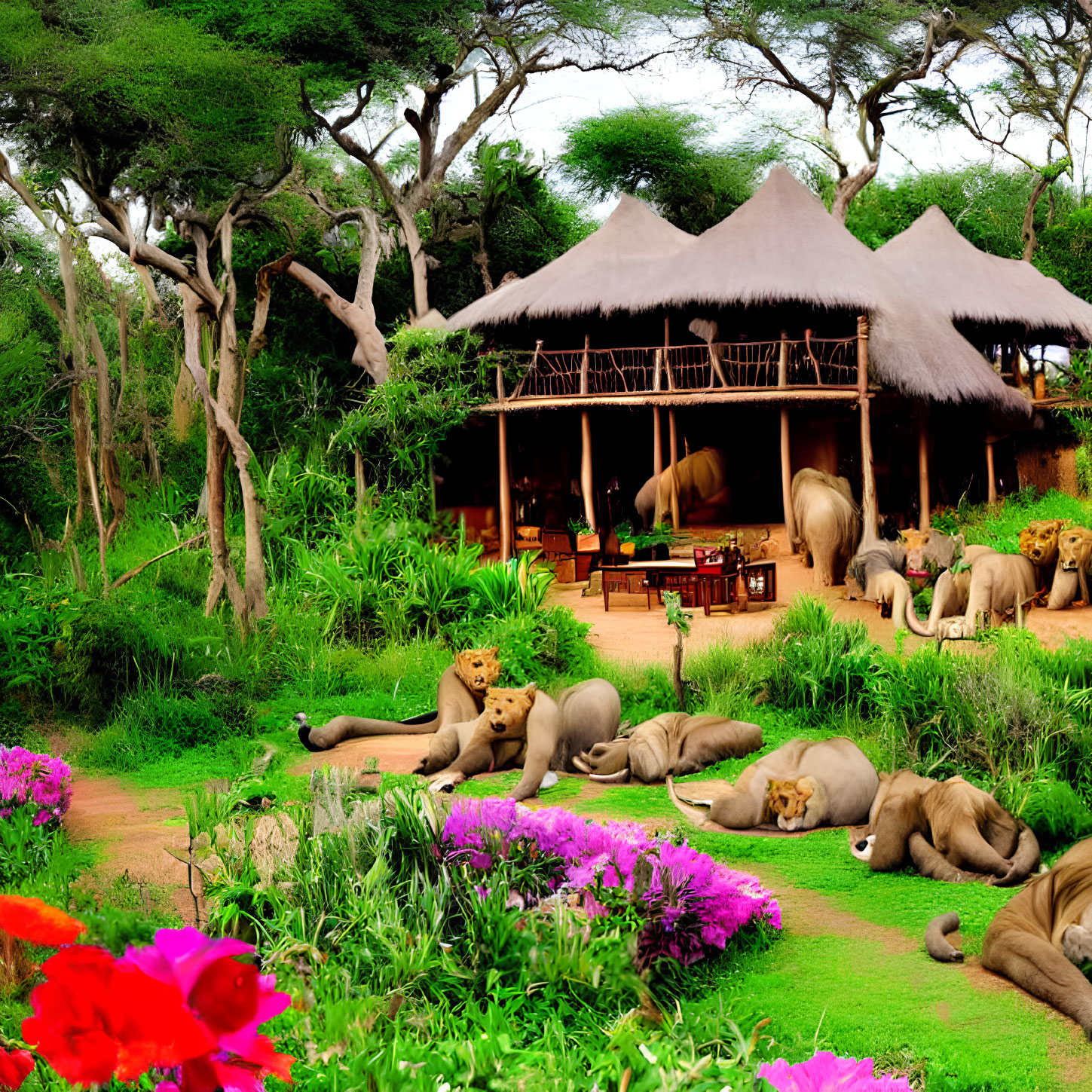 Luxurious Safari Lodge Surrounded by Lions and Lush Greenery