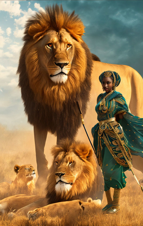 Woman in Blue and Gold Attire with Lions on Leash under Dramatic Sky