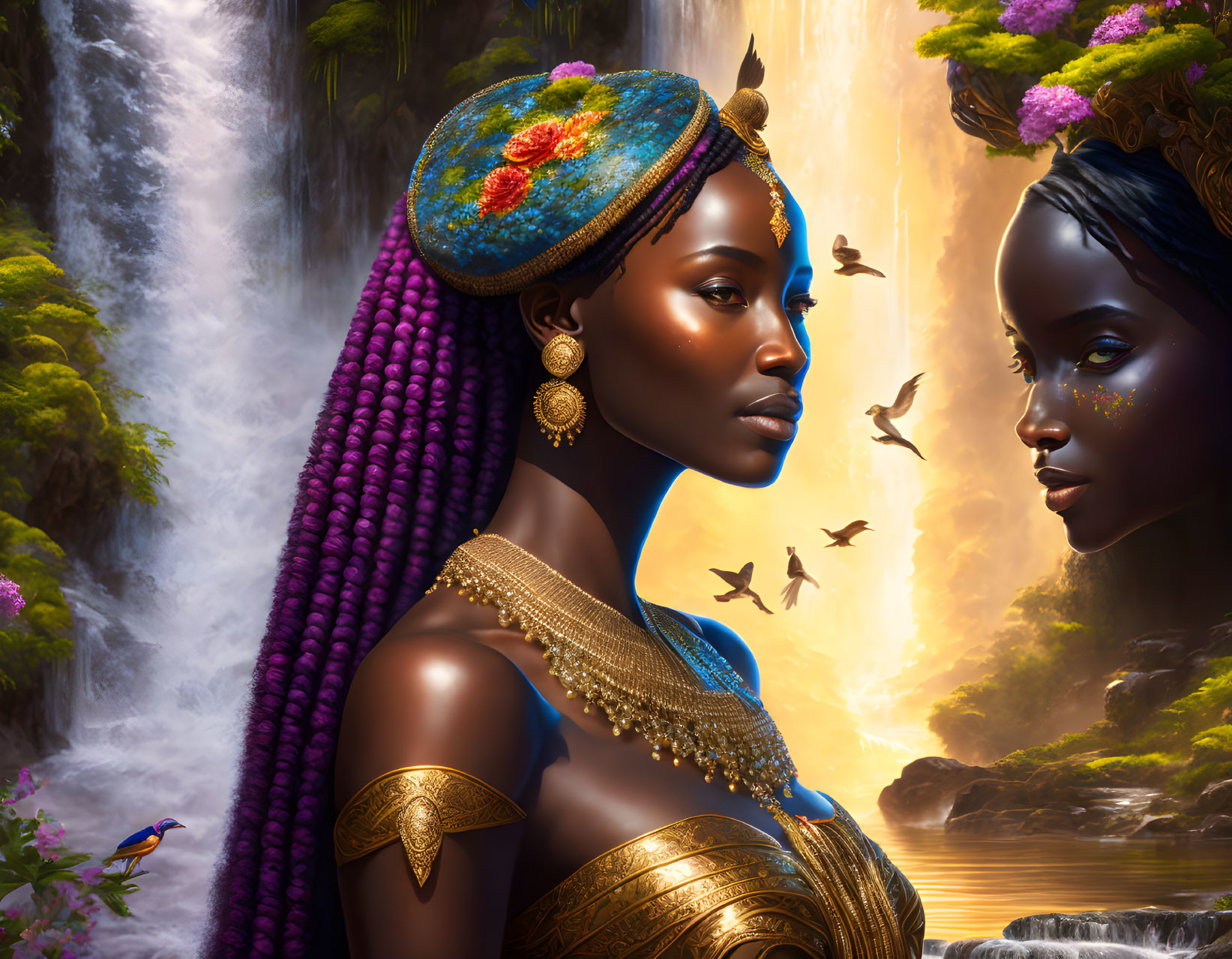 Vibrant purple braids and golden jewelry in digital artwork