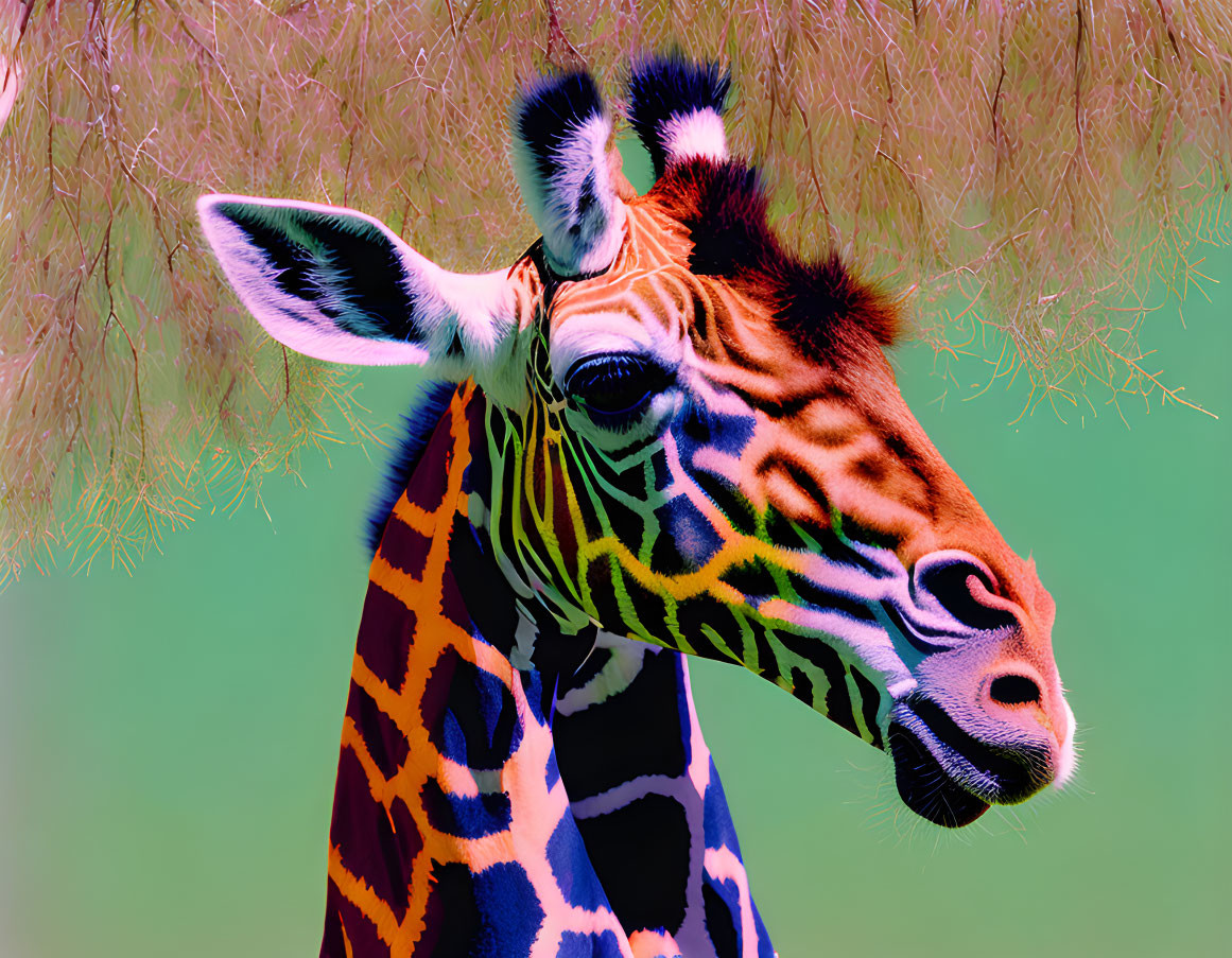 Giraffe head with patterned fur on green background and tree branches