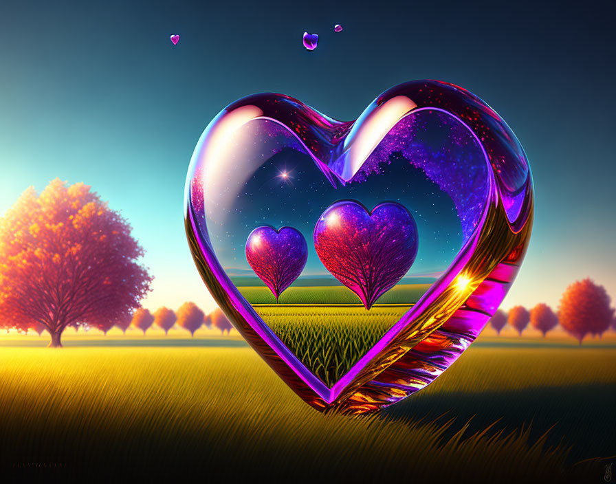 Colorful digital artwork: Transparent heart with cosmic texture and smaller hearts on a sunset landscape