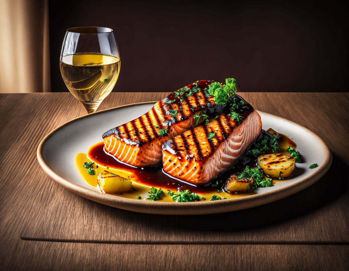 Grilled Salmon Fillets with Char Marks and Parsley, Served with Potatoes and Wine Pair