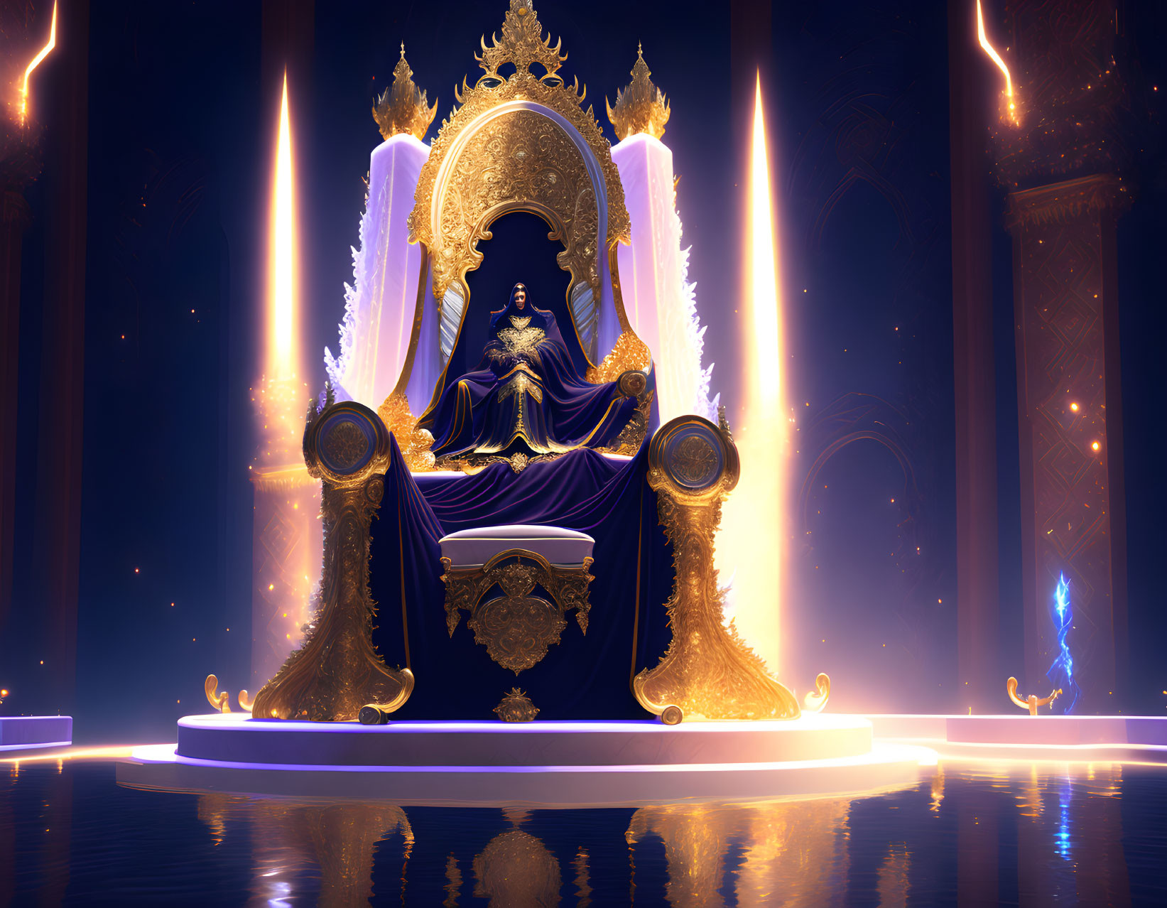 Regal figure seated on ornate golden throne in mystical hall