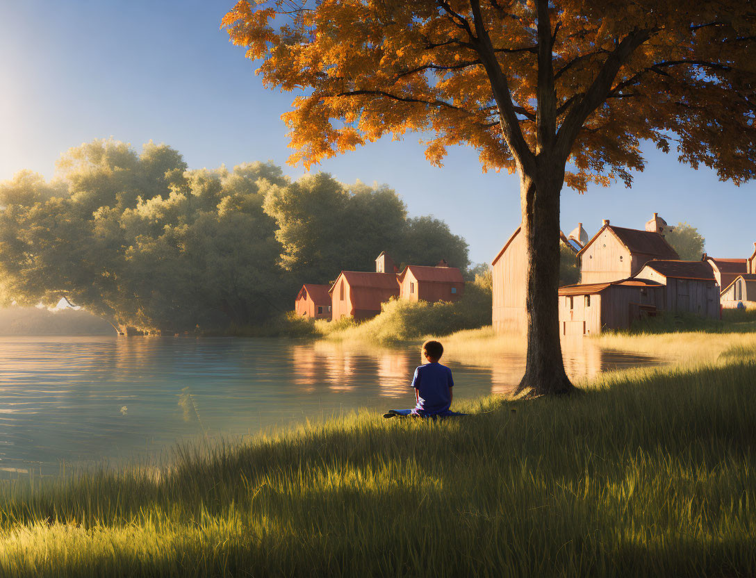 Tranquil autumn landscape by the lake and houses