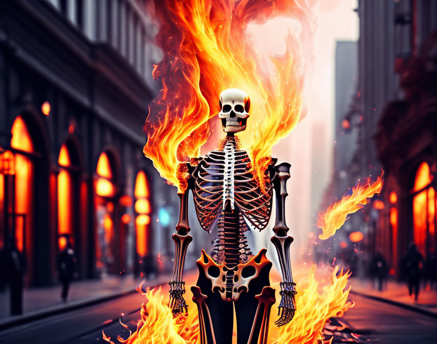 Flaming skeletal figure in city street scene.