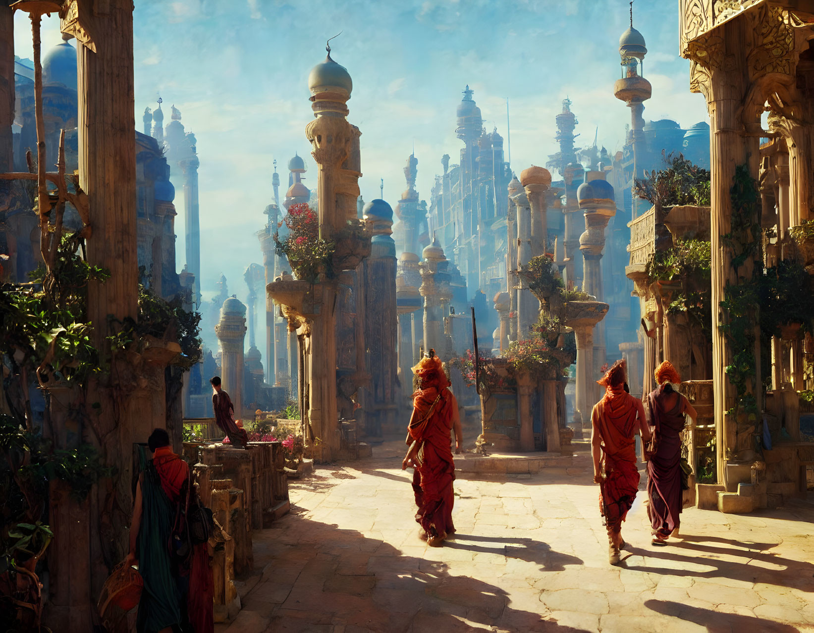 Ancient Cityscape with Towering Spires and Figures in Red Robes