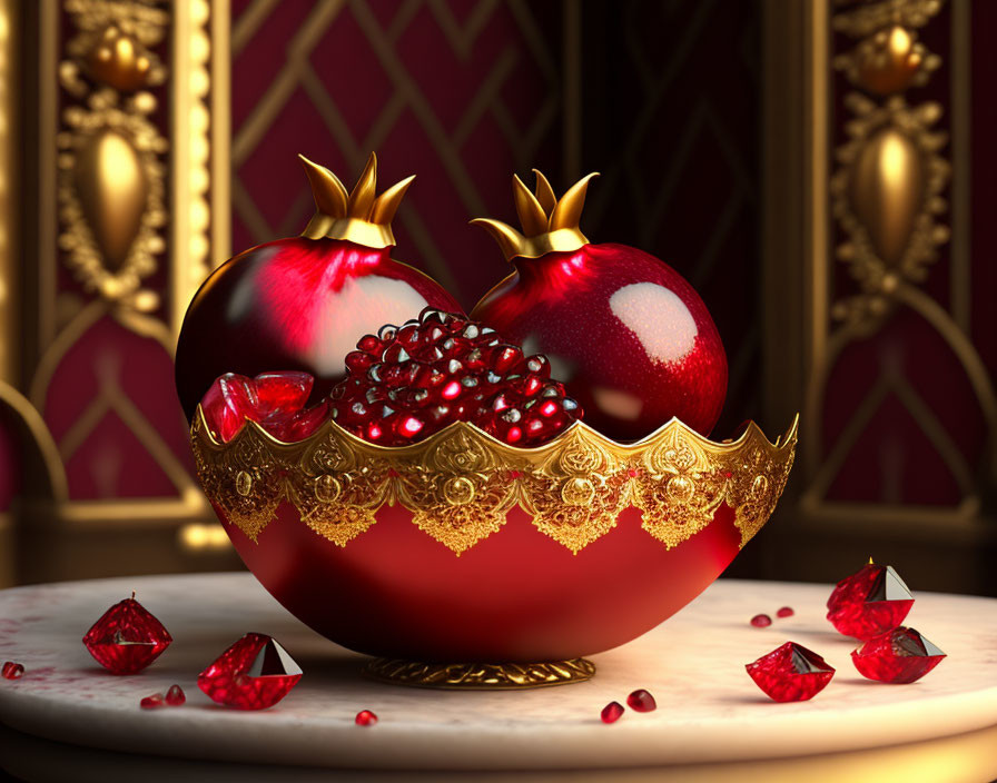 Golden bowl with pomegranates and seeds on red and gold backdrop