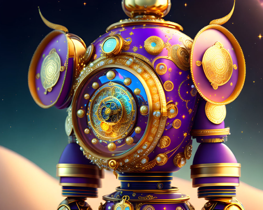 Fantastical digital artwork: Ornate mechanical contraption in starry sky