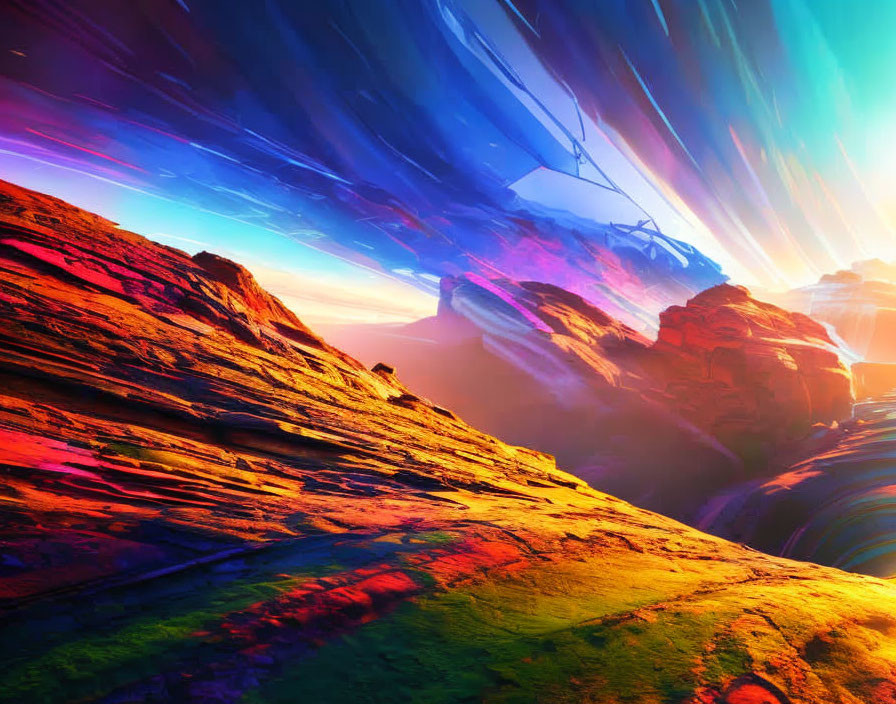 Colorful Light Streaks in Surreal Landscape Artwork