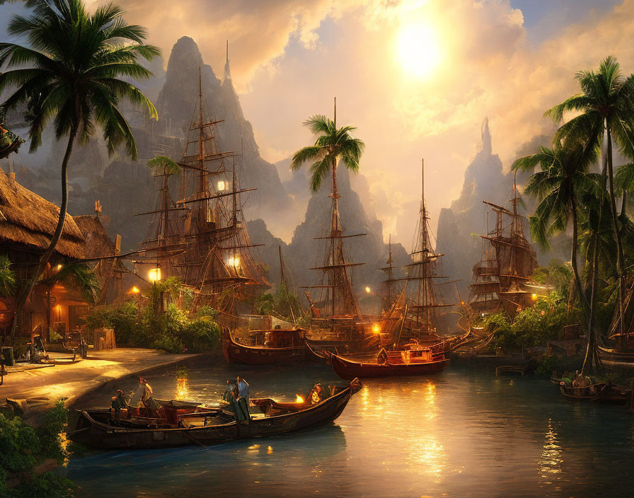 Tropical harbor at sunset with sailing ships, small boats, thatched huts, and lush mountains