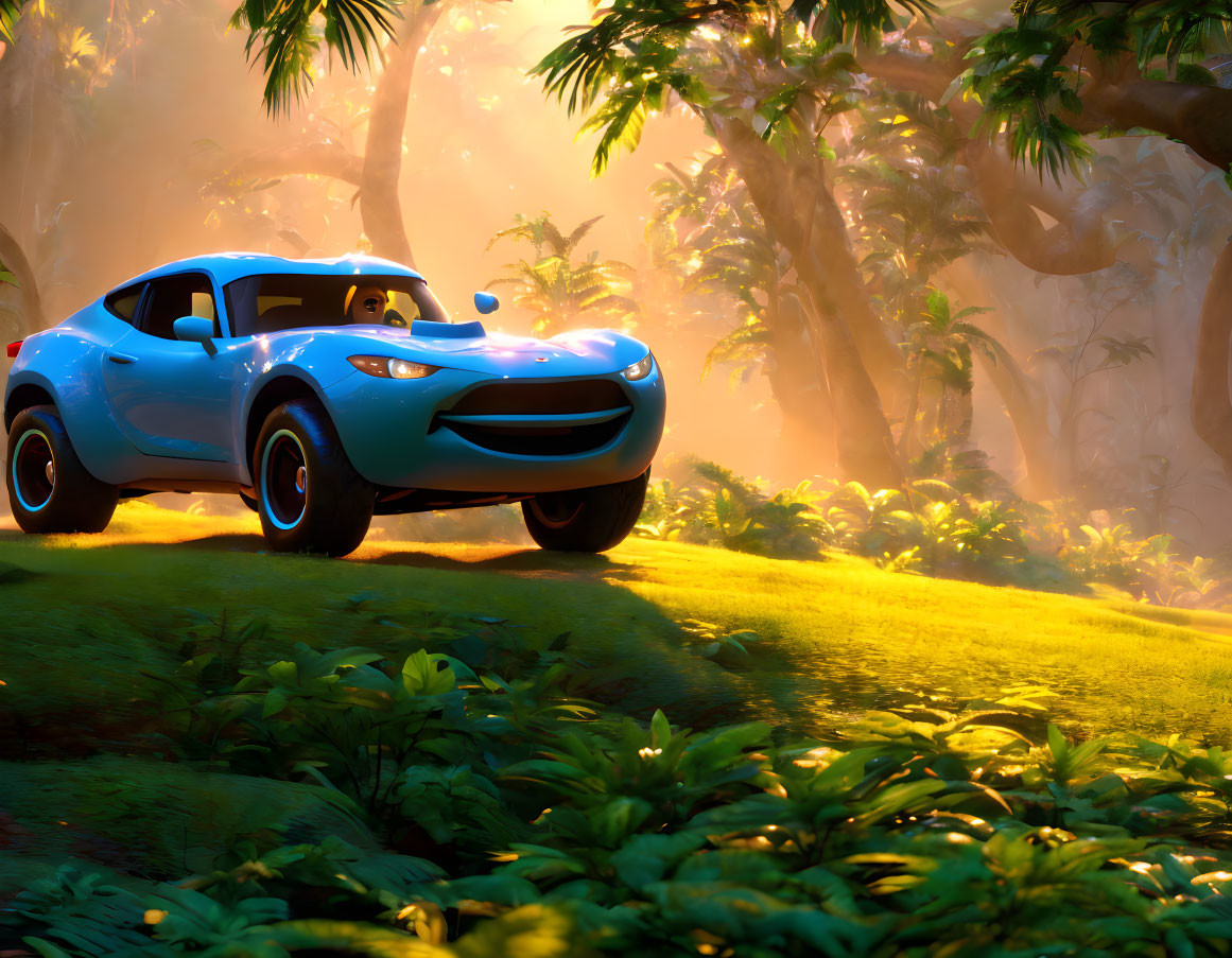 Blue anthropomorphic car in vibrant forest with sunrays and lush green clearing