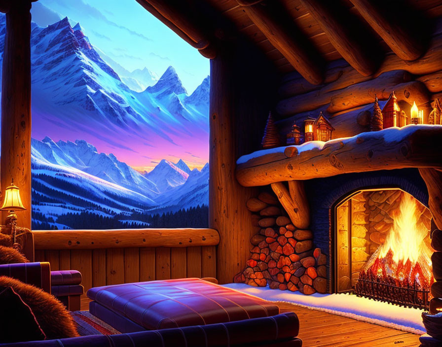 Snowy mountain twilight scene in cozy log cabin