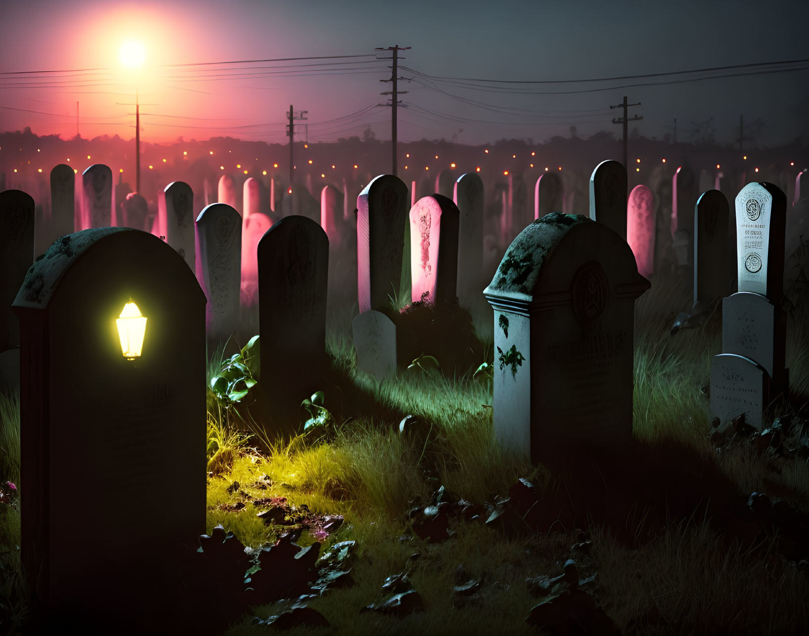 Eerie graveyard at dusk with tombstones and glowing lantern under red sunset