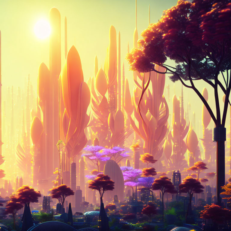 Futuristic cityscape with golden light, tall structures, and exotic trees.