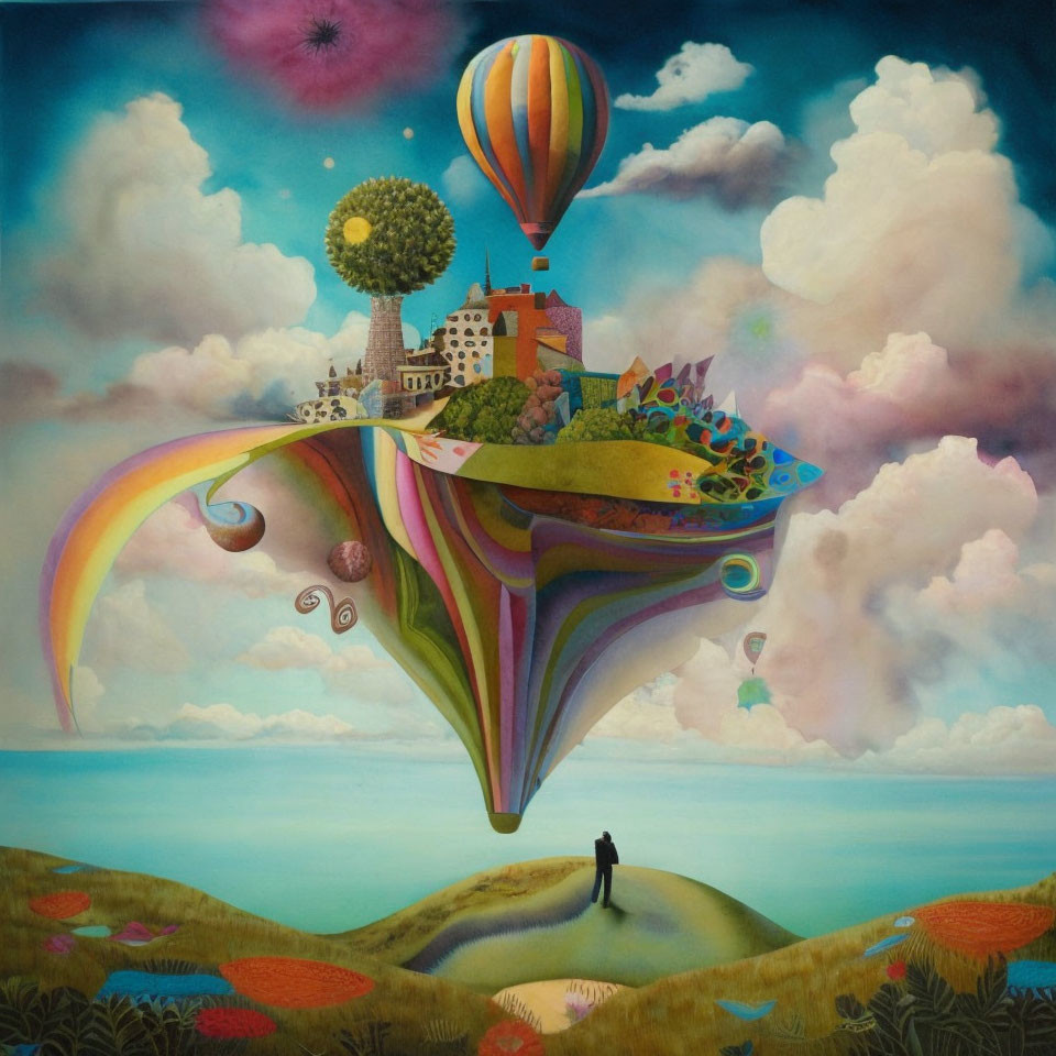 Floating Island with House, Trees, & Hot Air Balloon in Surreal Landscape