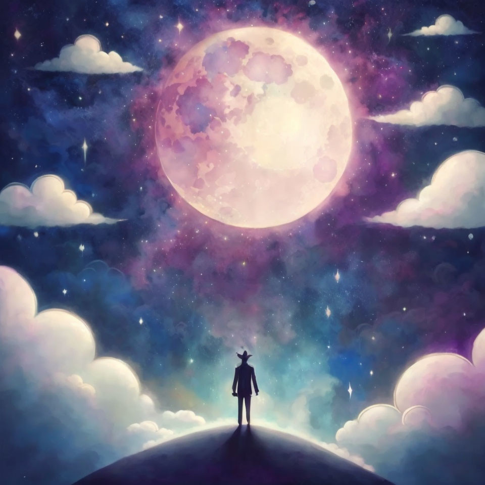 Silhouetted figure under cosmic sky with large moon and purple-blue clouds