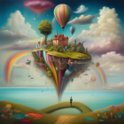 Floating Island with House, Trees, & Hot Air Balloon in Surreal Landscape