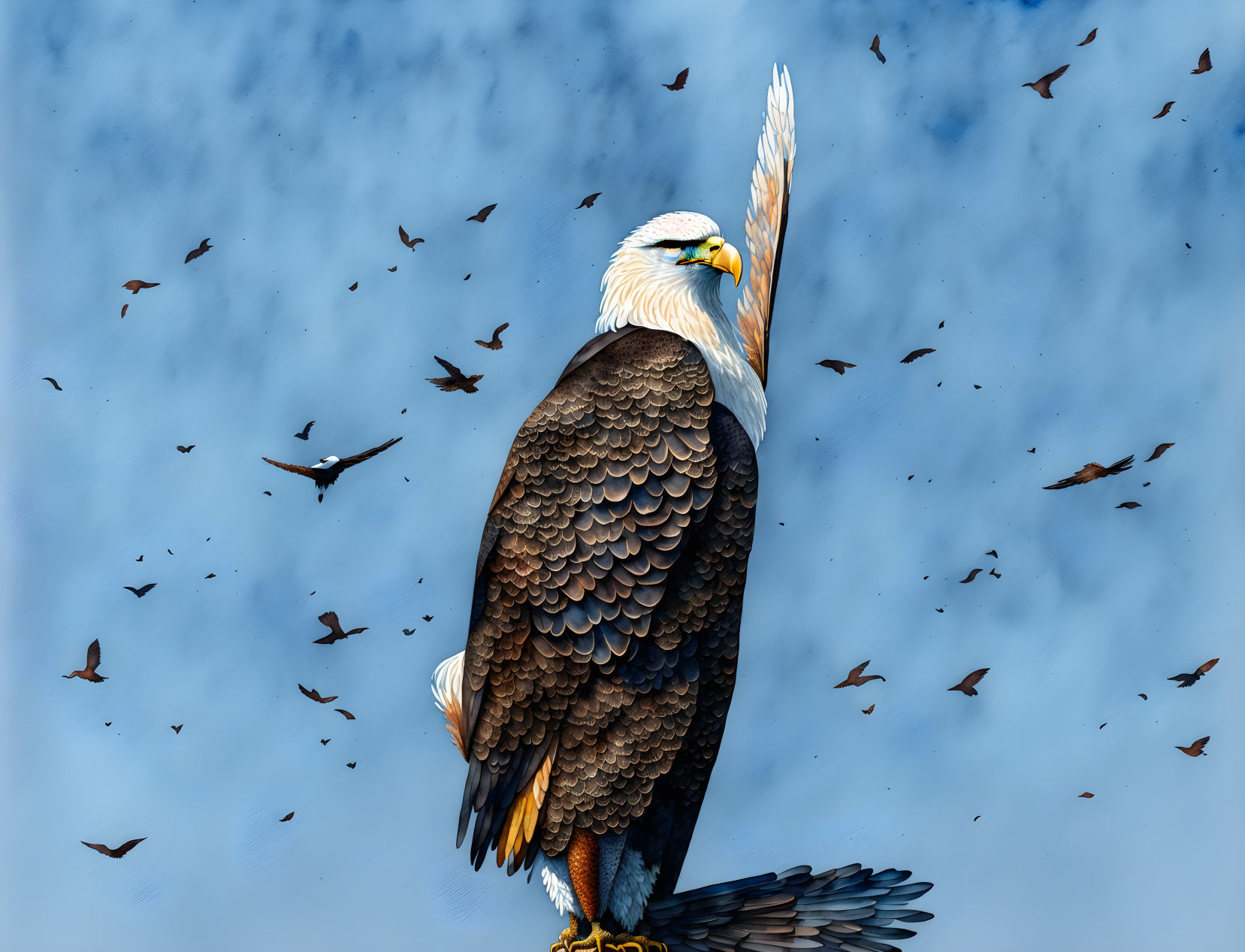 Majestic Bald Eagle Perched Wings Spread Blue Sky Birds Flying