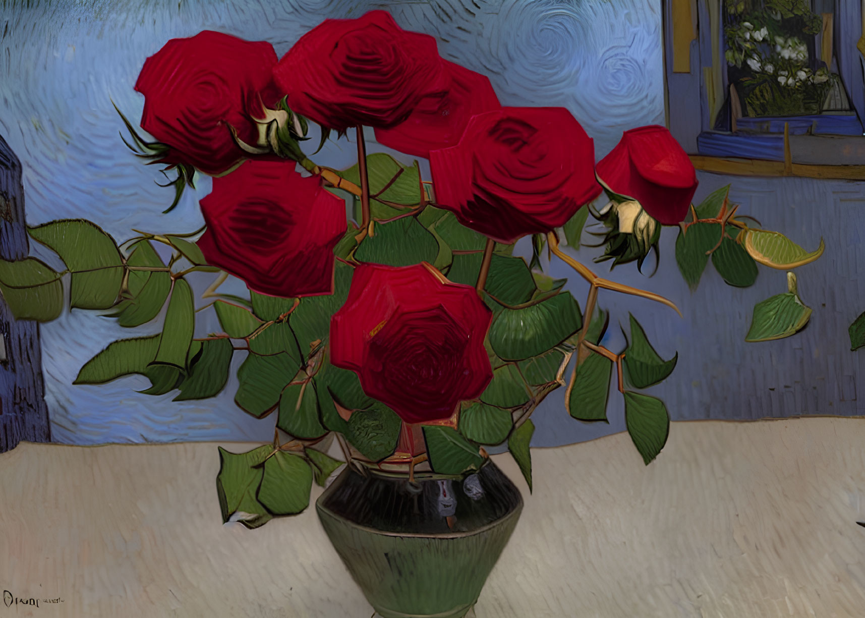 Colorful painting of red roses in green vase with textured brushstrokes on blue background.