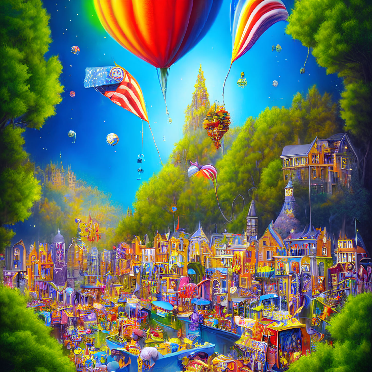 Colorful hot air balloons and whimsical architecture in fantasy landscape