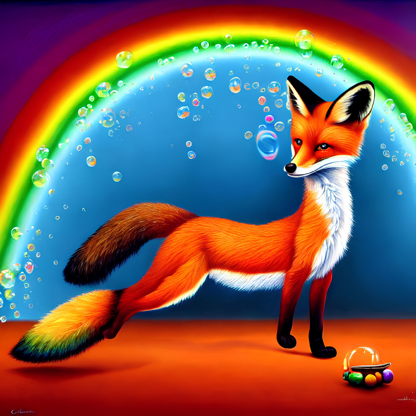 Colorful fox illustration with bushy tail, bubbles, rainbow background, and marbles.