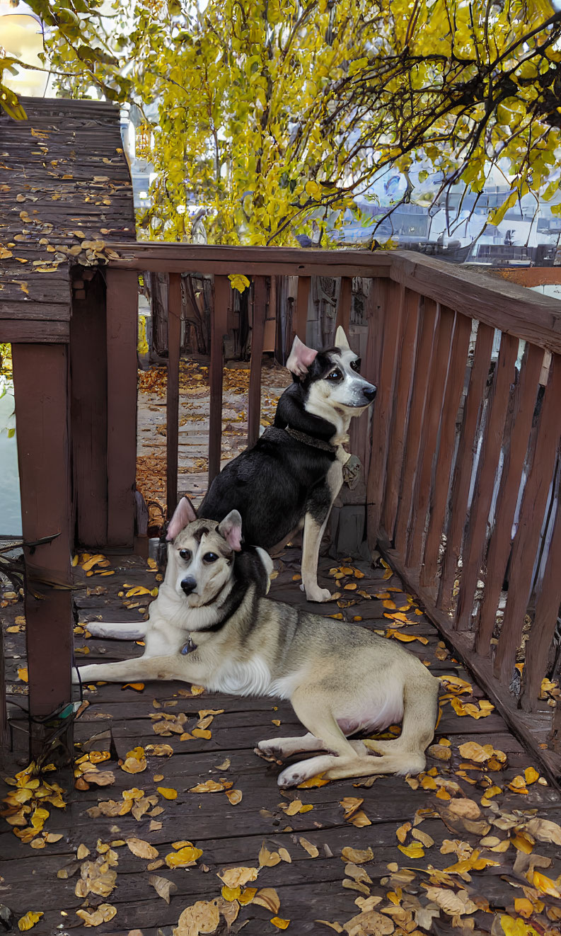 Autumn Scene: Two Dogs on Wooden Deck with Leaves and Yellow Foliage