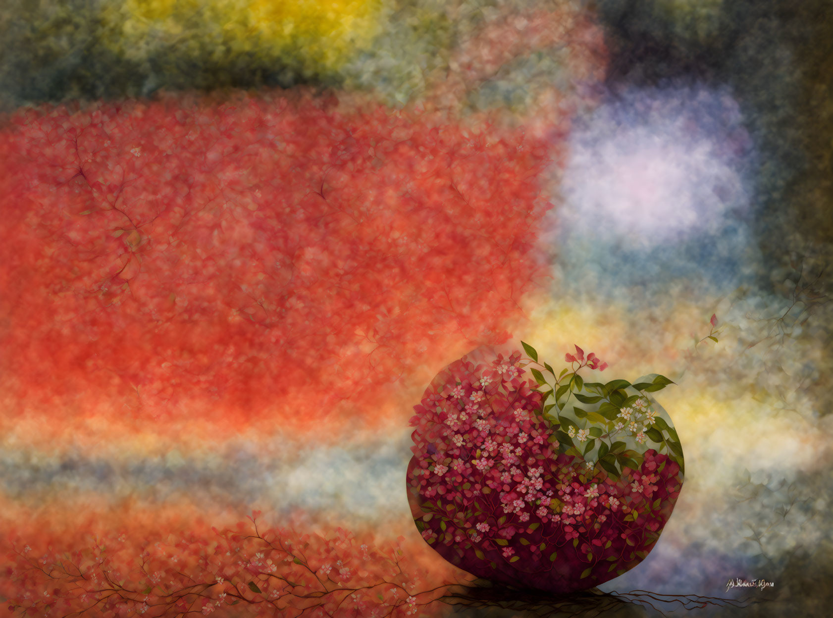 Colorful digital artwork: spherical vase, pink flowers, textured background.