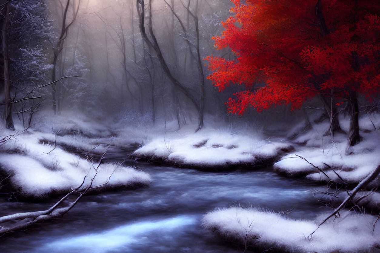 Wintry forest scene with red tree, snow, and flowing stream