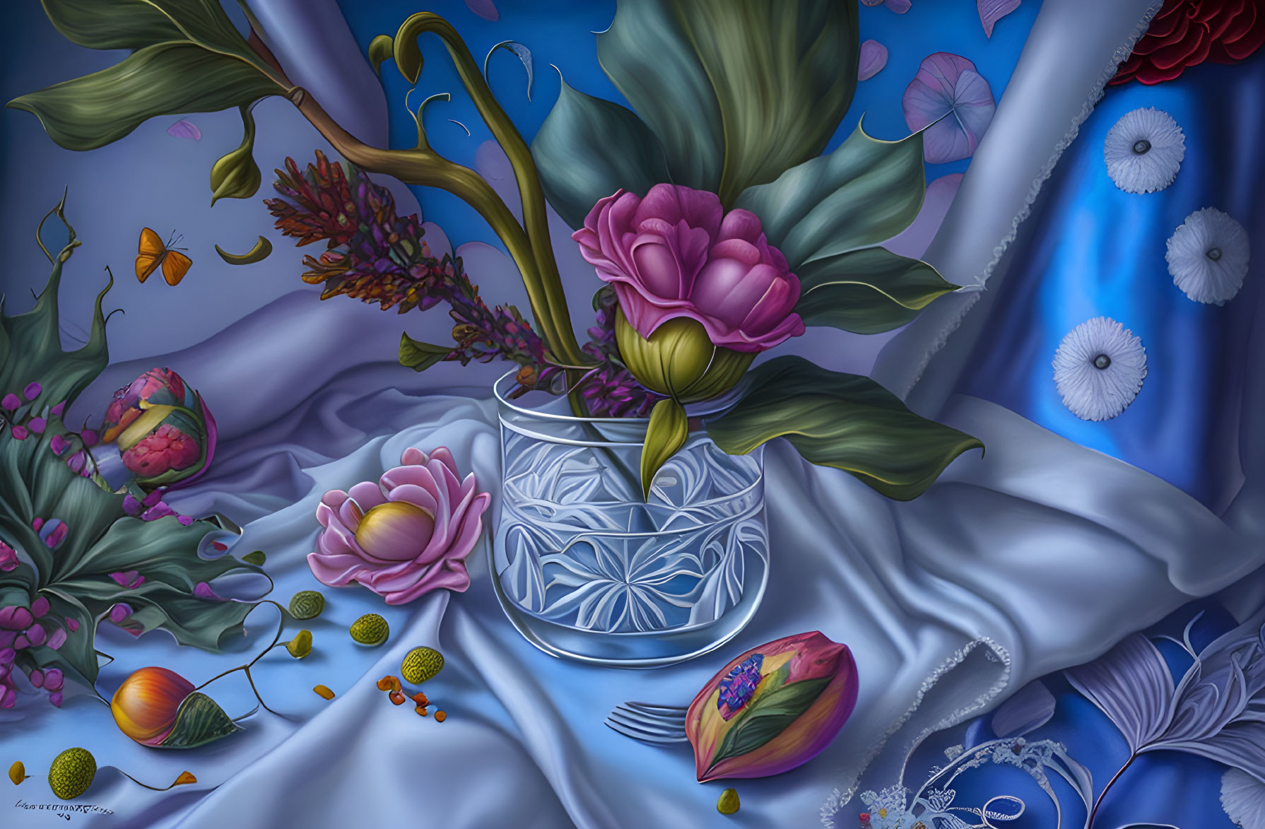 Colorful Still-Life Painting with Blooming Flowers, Fruits, and Fabrics