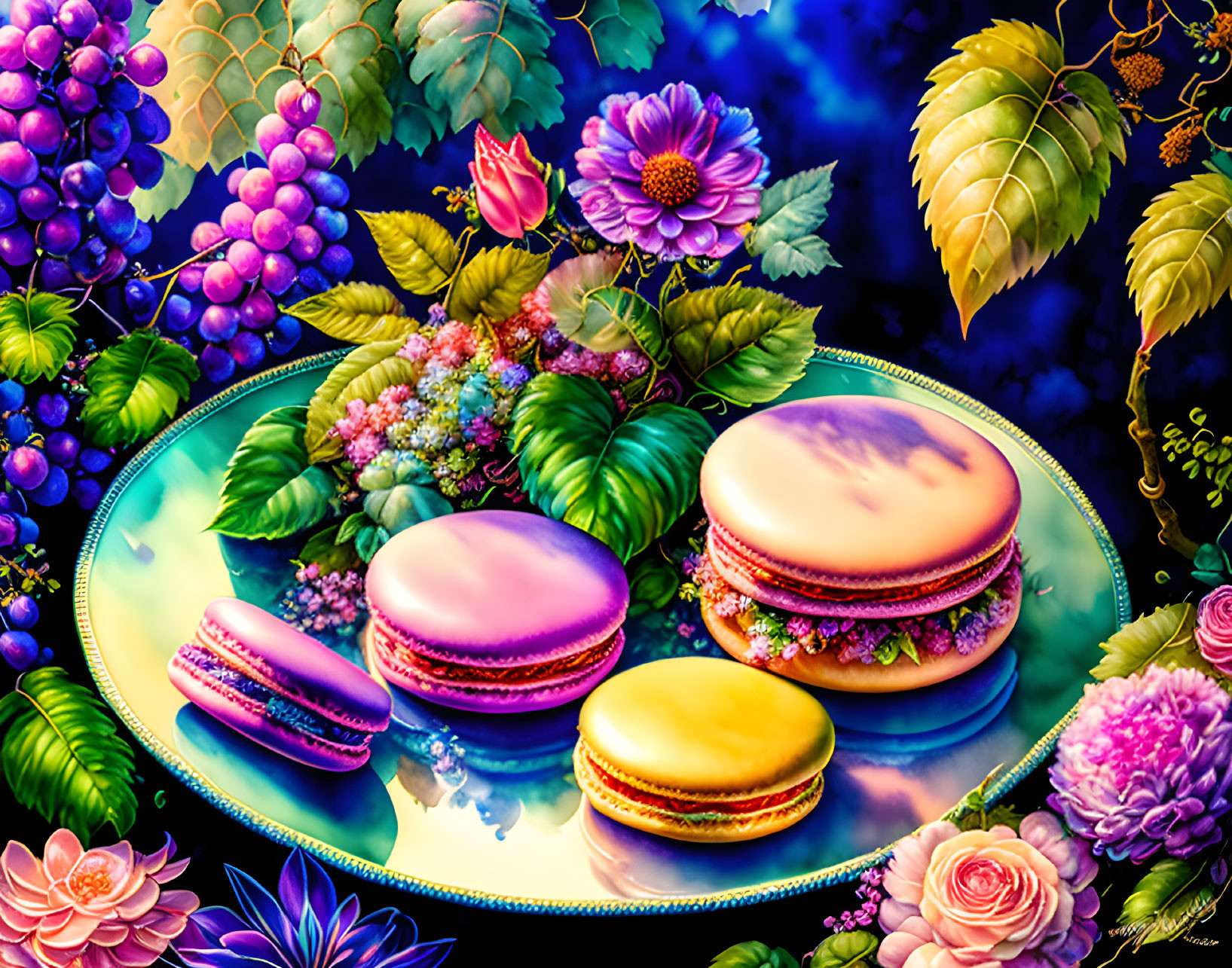 Vibrant macarons on decorative plate with flowers and grapes