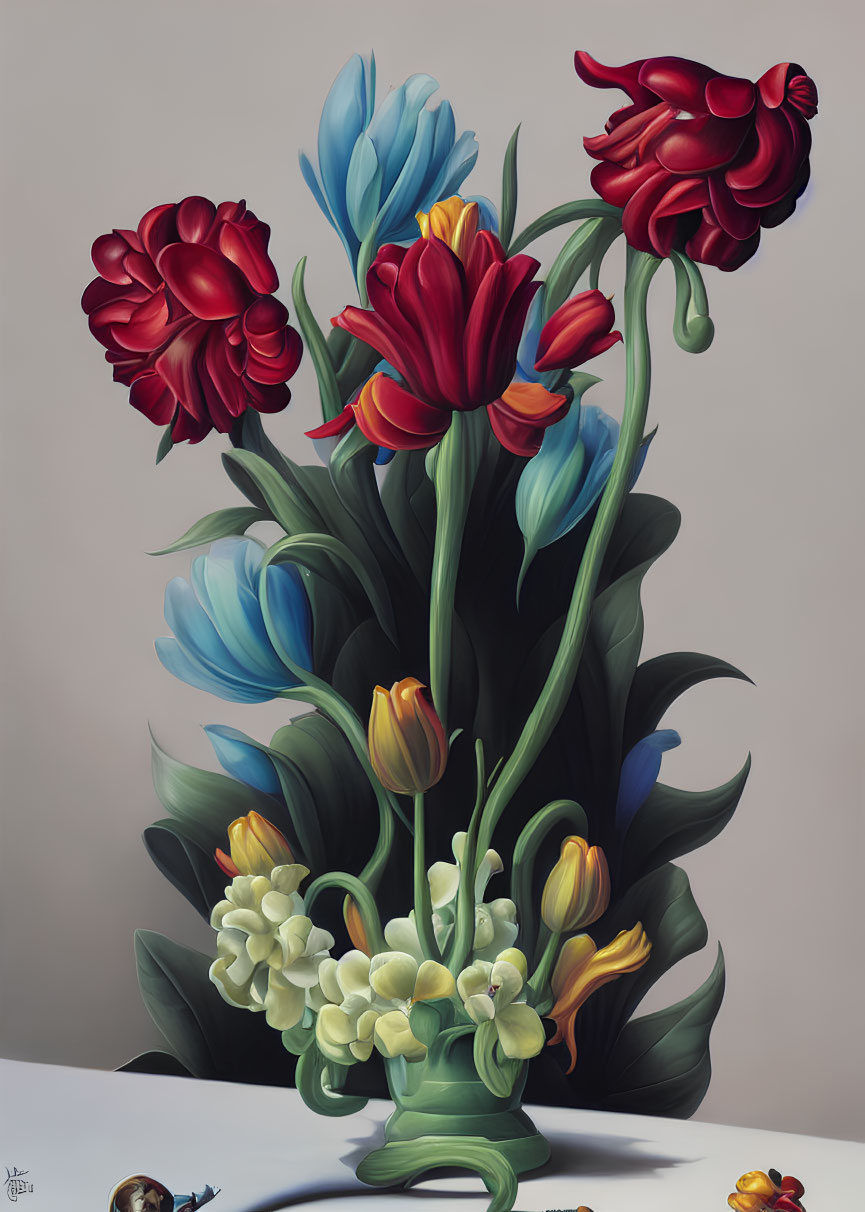 Colorful Tulip Painting with Vase, Petals, and Snail on Table