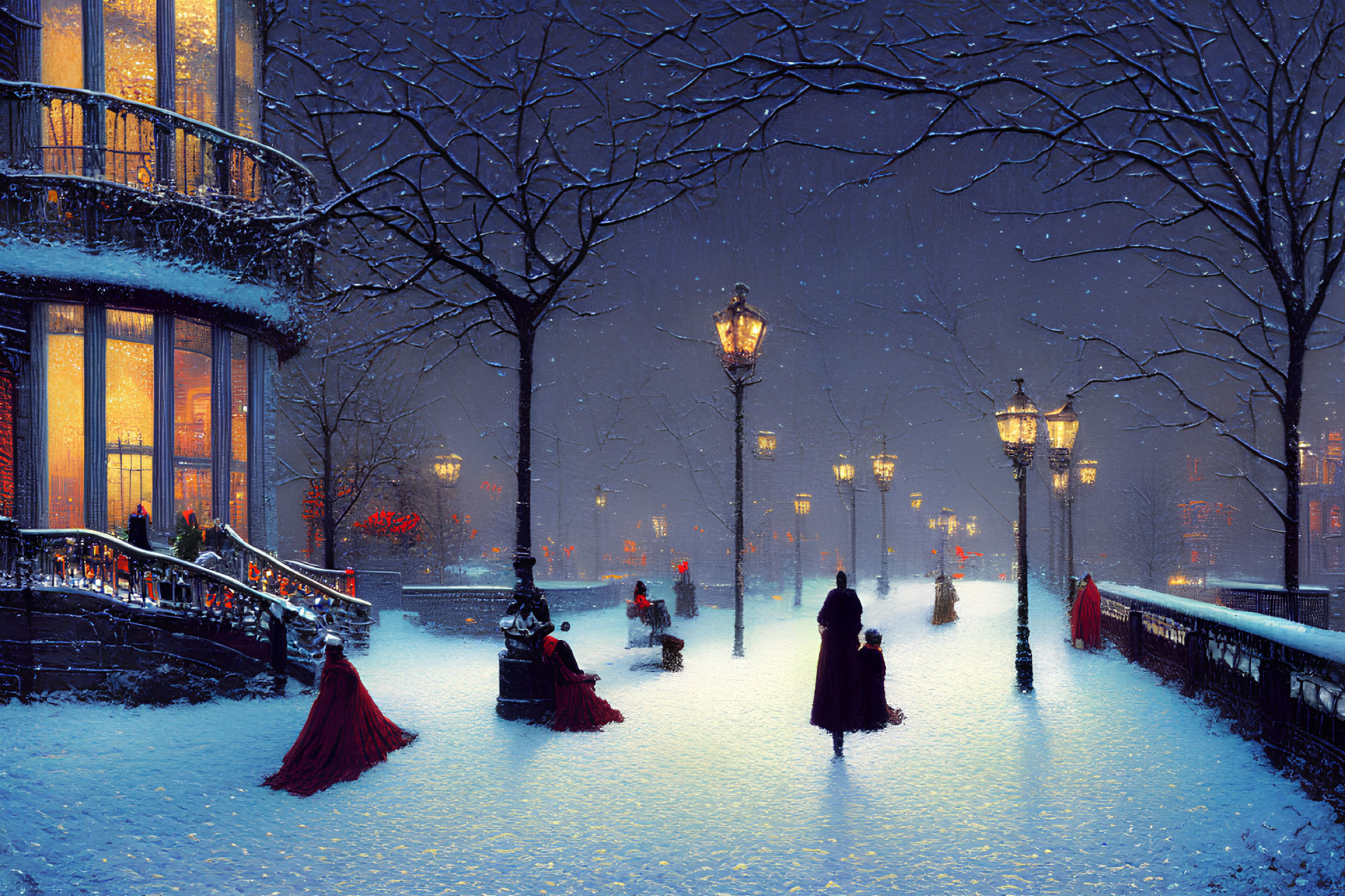 Victorian people stroll in snow-covered park with glowing lamps