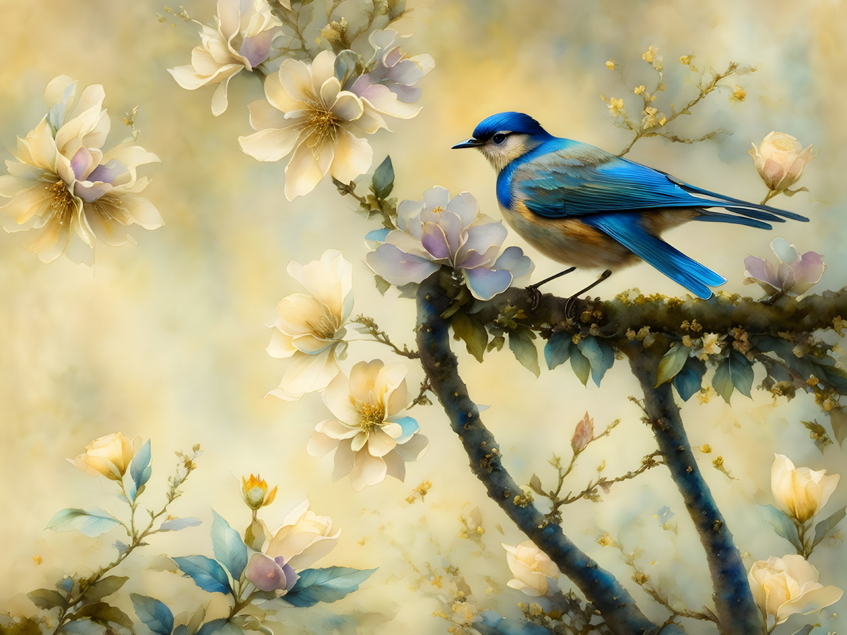 Colorful Blue Bird Surrounded by White Flowers on Branch