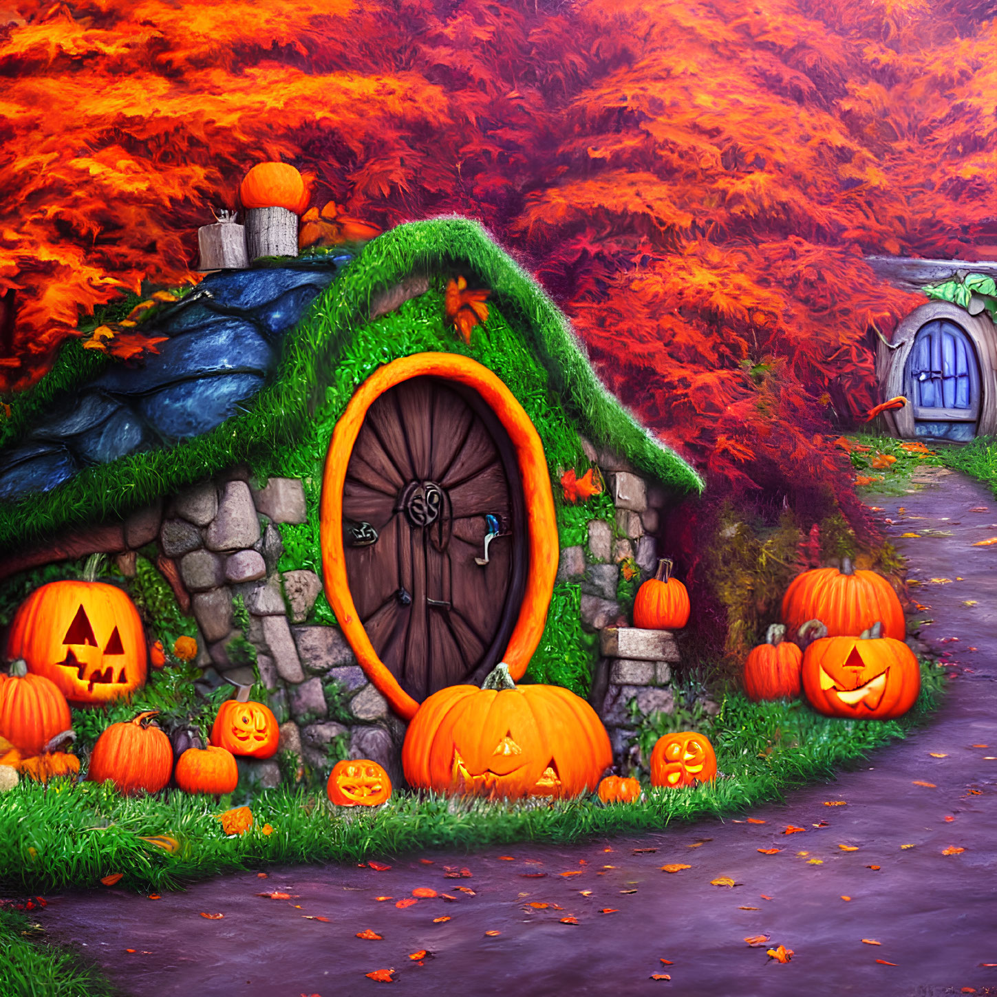 Stone house with blue roof in autumn scene surrounded by pumpkins and orange tree.