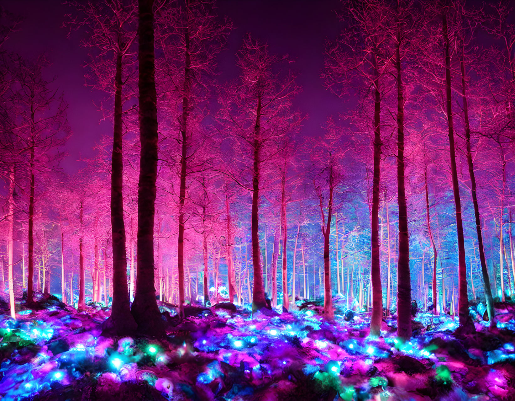 Vividly colored forest with purple and pink hues and glowing lights creating mystical atmosphere