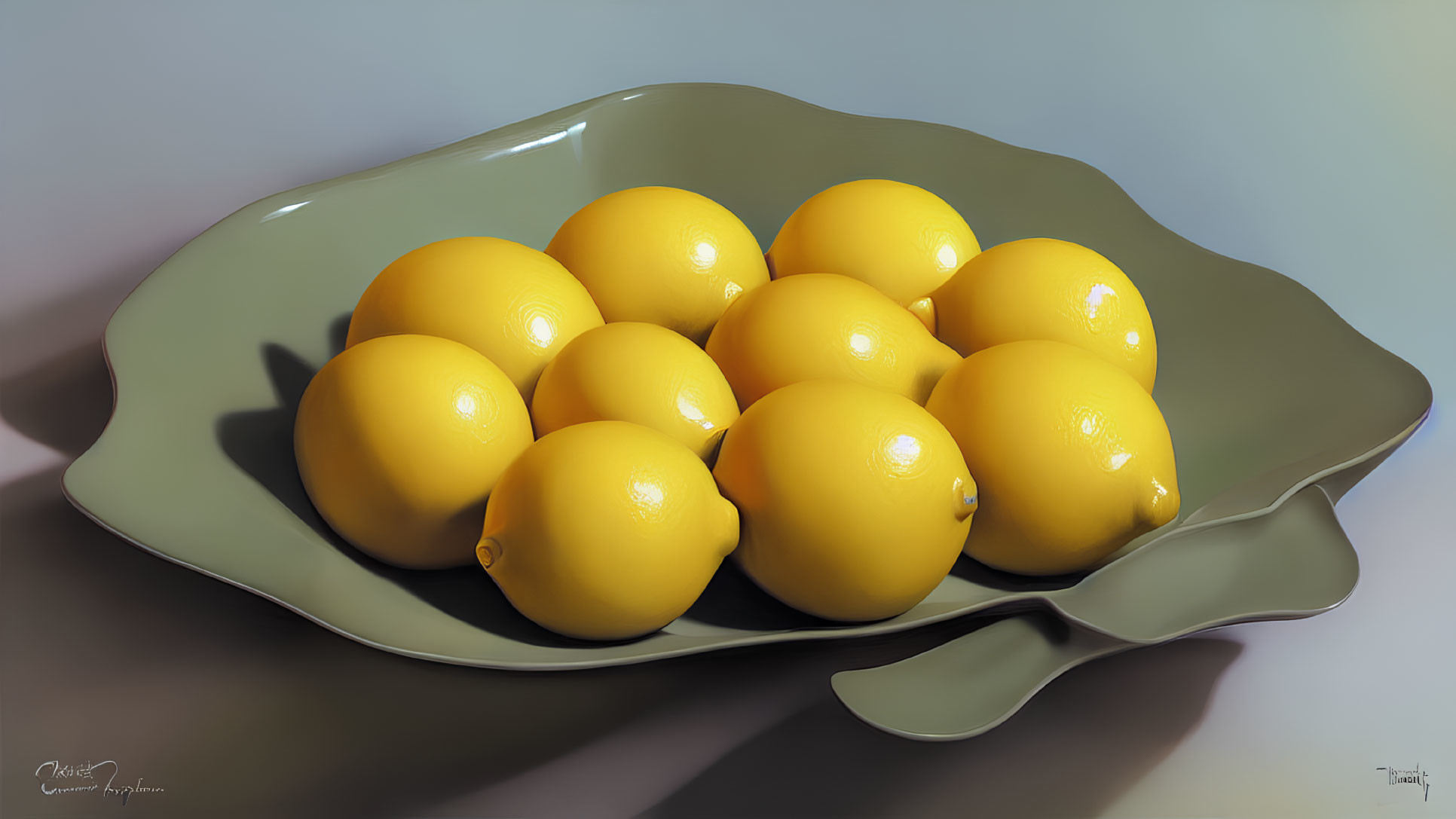 Vibrant yellow lemons on green ceramic dish on beige surface