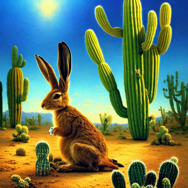 Illustration of rabbit with long ears in cactus garden under clear sky