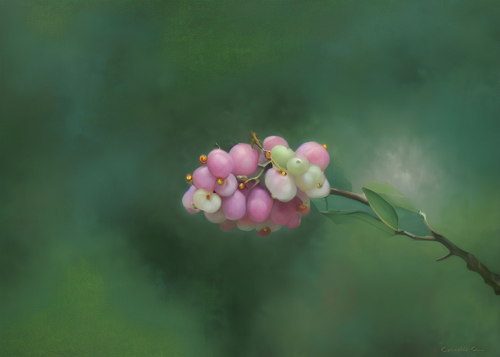 Pink and White Berries Branch on Green Textured Background